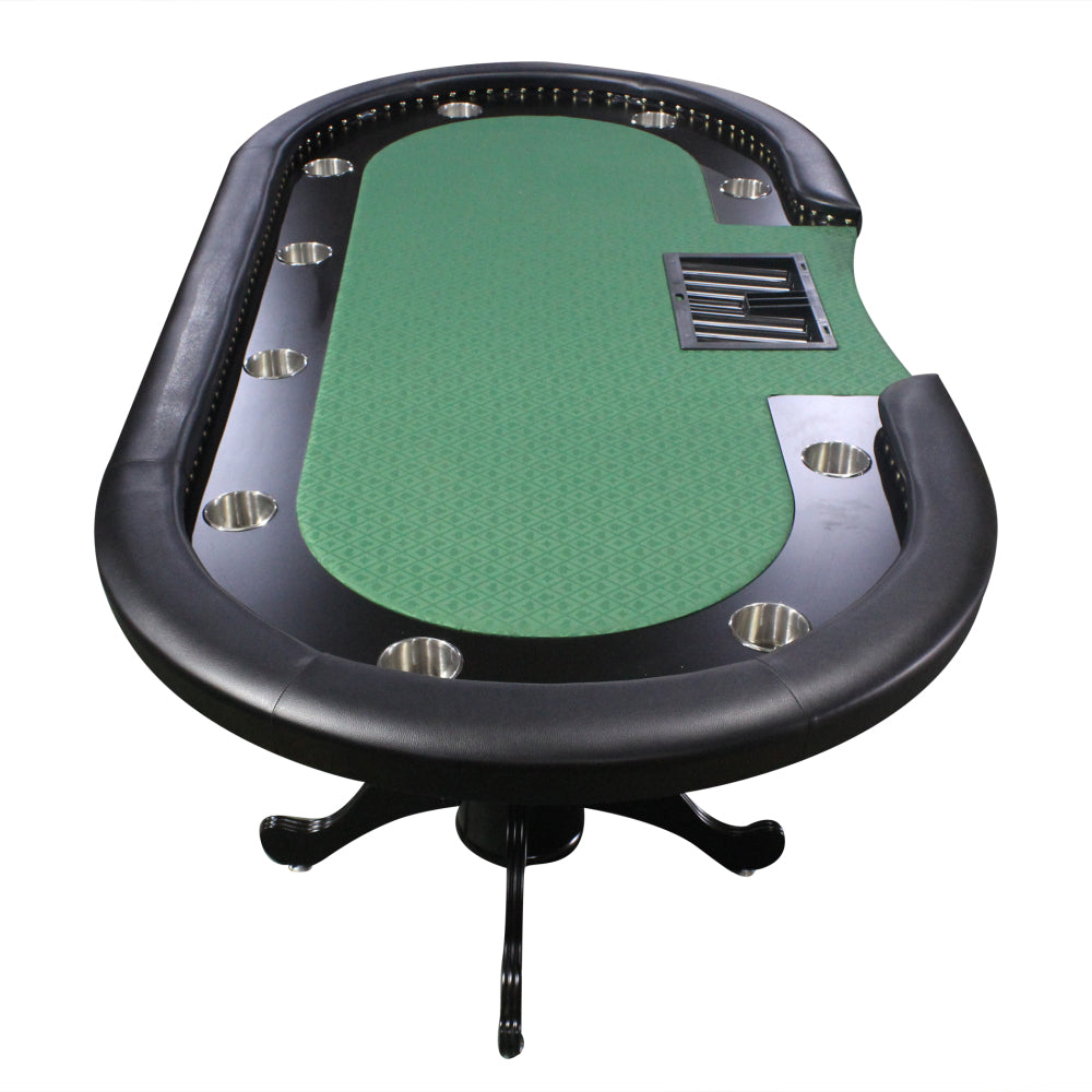 96" Poker Table for 10 Players Casino Game Texas Hold'em Premium Oval with Round Stud Rivet Decorate Waterproof Cloth Chip Tray Cup Holders Green
