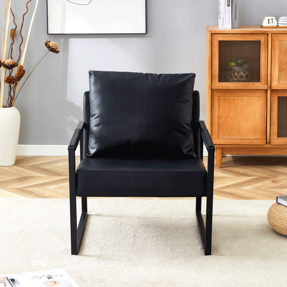 Set of 1 Classic Black PU Leather and Metal Frame Sofa -Ergonomically designed, a perfect blend of modern and industrial styles, with product dimensions of 27*29.7*29.6 inches.