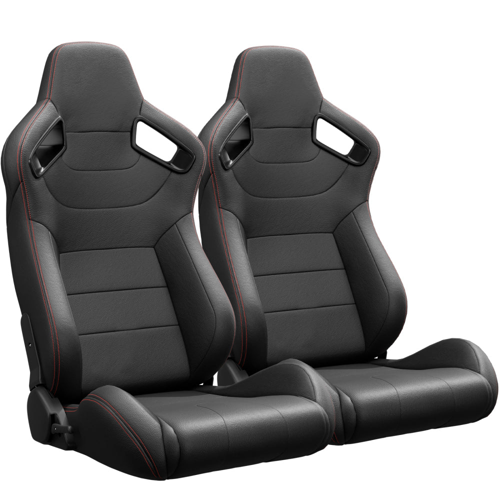 2PC New Universal Bucket Racing Seats Red Stitch Red PVC Leather Reclinable Carbon Look Leather Back With Adjustor Slider(Not Including Seat Bracket ) 1 box of 2 pieces