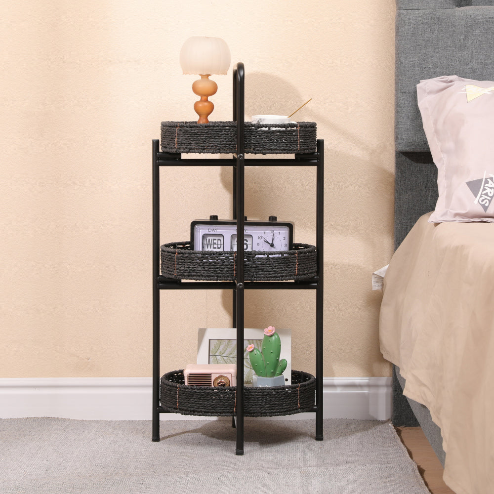 Small Handwoven Side Tables 3-Tier Oval Organizer Portable Storage Shelf  for Kitchen, Living Room, Bedroom, Balcony, Picnic (Black)