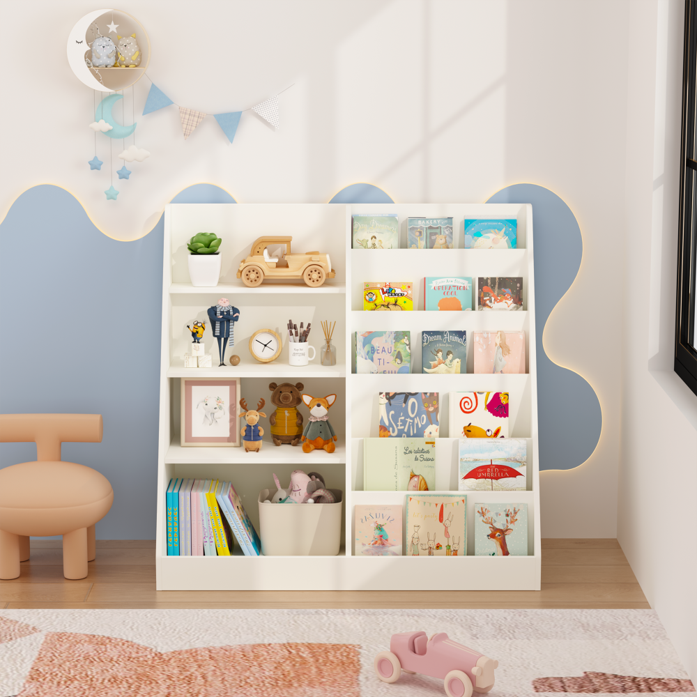 Kids Bookshelf and Toy Storage Organizer, Multifunctional 4 Tier Wooden Kids Book Shelf with  Bookcase Display Stand in Kids Room Playroom Nursery for Kids, Children, Toddlers (White)