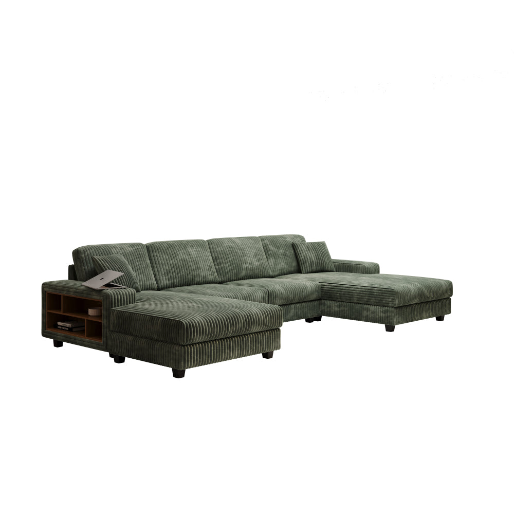 Convertible U-shaped Combination Sofa, Corduroy Fabric, Modern Comfortable Large Size 4 Seat Sofa, Living Room Double Lounge Chair ,Green