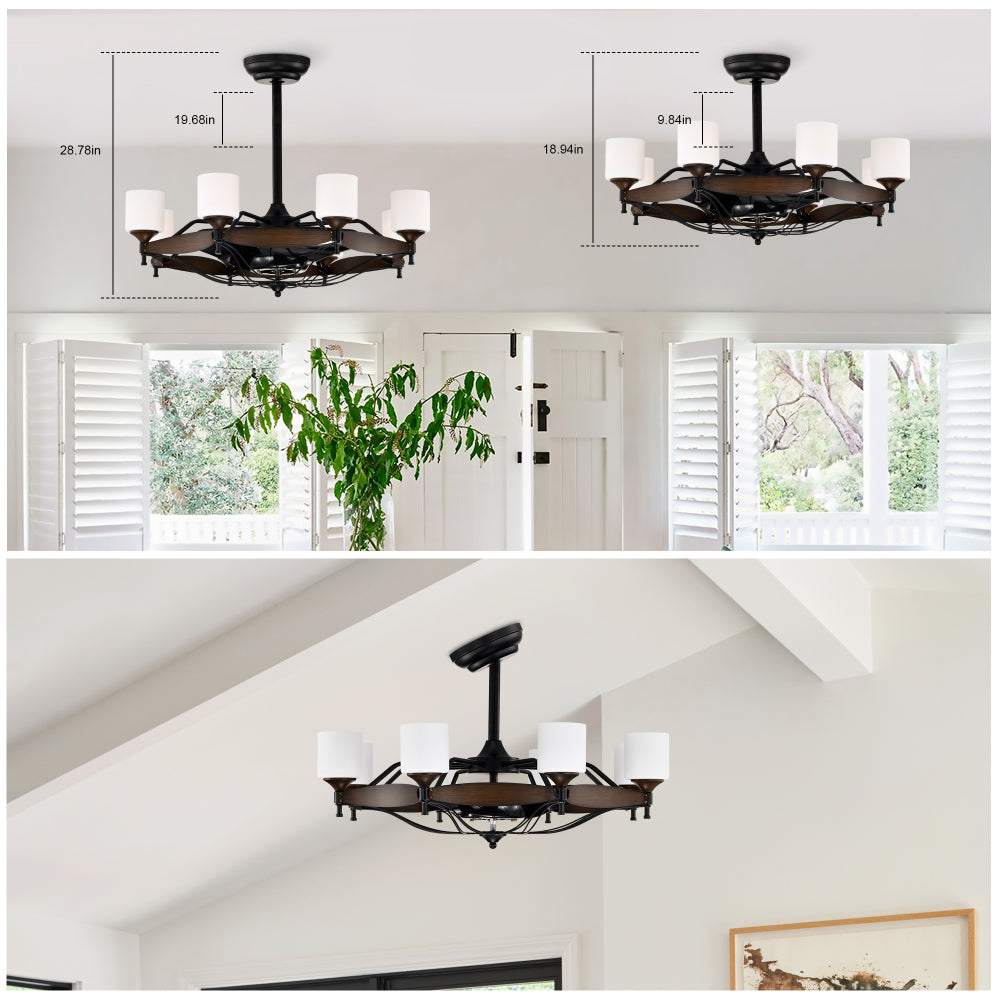 Dia 33 inch Chandelier Ceiling Fan With Remote Control,DC Motor ,6 Speed,3 ABS Blades for Bedroom Dining Room Living Room Kitchen Farmhouse Entry,Matte Black+  Red Wood Grain