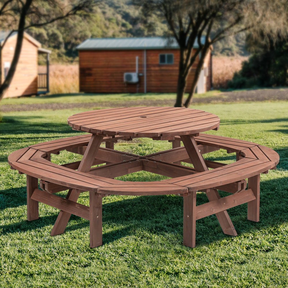 6-Person Circular Outdoor Wooden Picnic Table for Patio, Backyard, Garden, DIY w/ 3 Built-in Benches, 1720lb Capacity - Natural