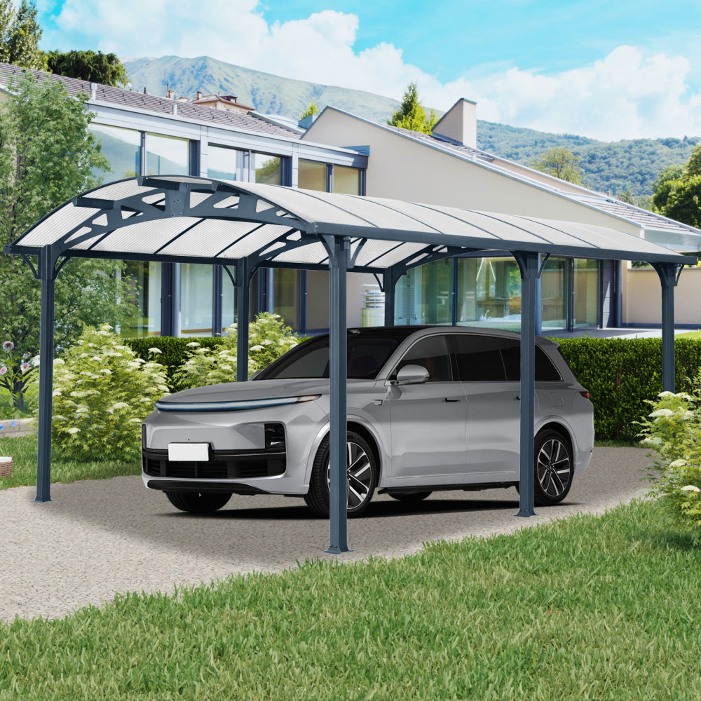 Outdoor Carport, 12 FT * 16 FT* 8 FT Arch Carport with Aluminum Frame and Polycarbonate Panels Car Port for Outdoor Driveway Car, Truck
