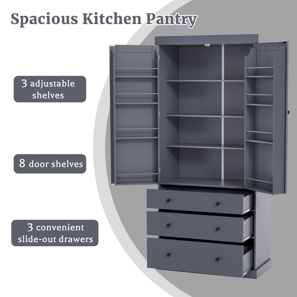 [Assembly Video Provided]TOPMAX 77inch Farmhouse Kitchen Pantry, Freestanding Tall Cupboard Storage Cabinet with 3 Adjustable Shelves, 8 Door Shelves, 3 Drawers for Kitchen, Dining Room, Gray