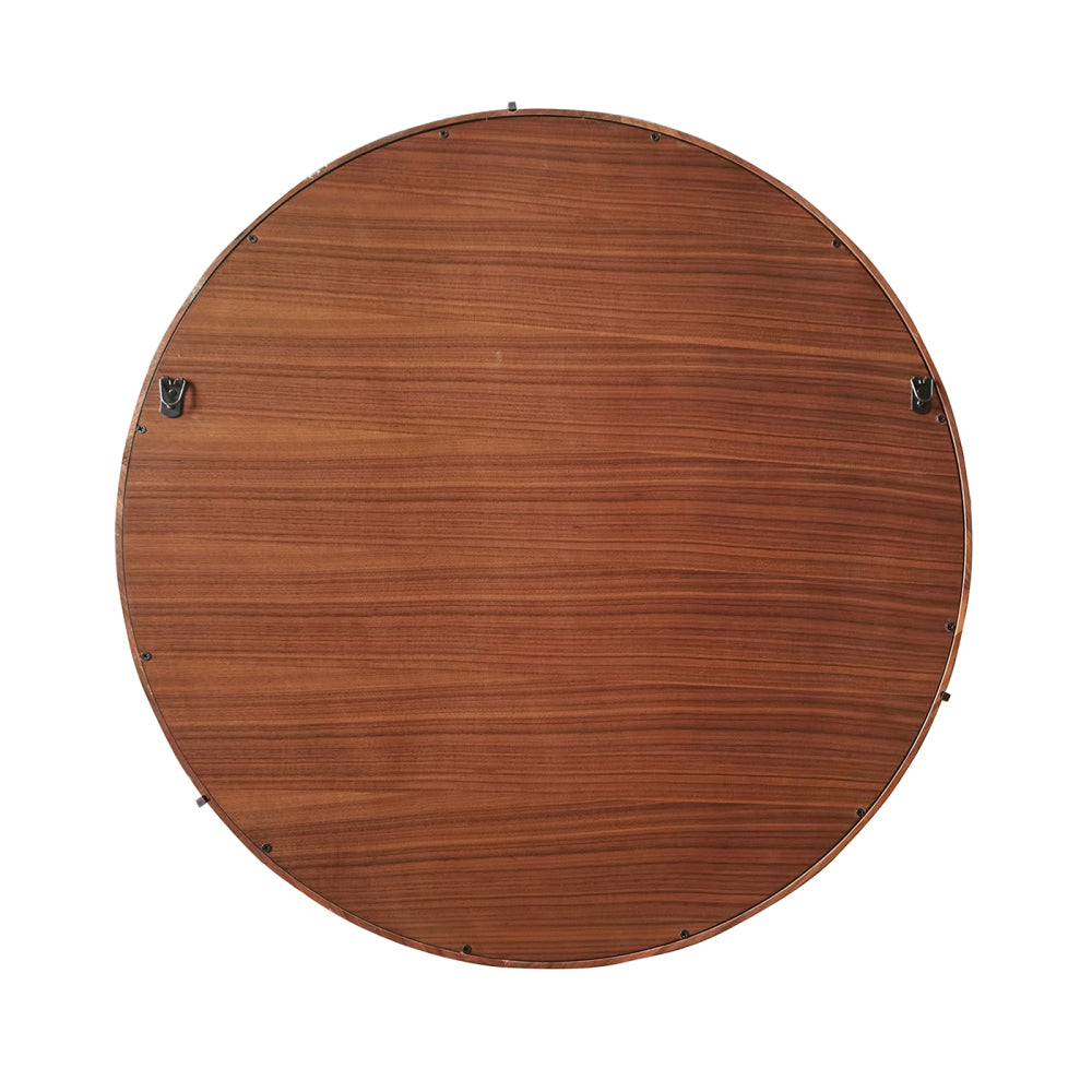 Hausen 31.5" Mid-Century Modern Round Accent Wall Mirror, Brown Walnut Wood & Veneer