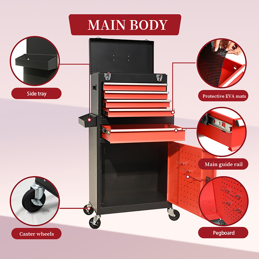 five-Drawer Rolling Tool Chest with Wheels, Detachable Cabinet Storage Tool Box with Drawers, Metal Tool Cart with Toolbox for Garage Workshop WarehouseBLACK+RED