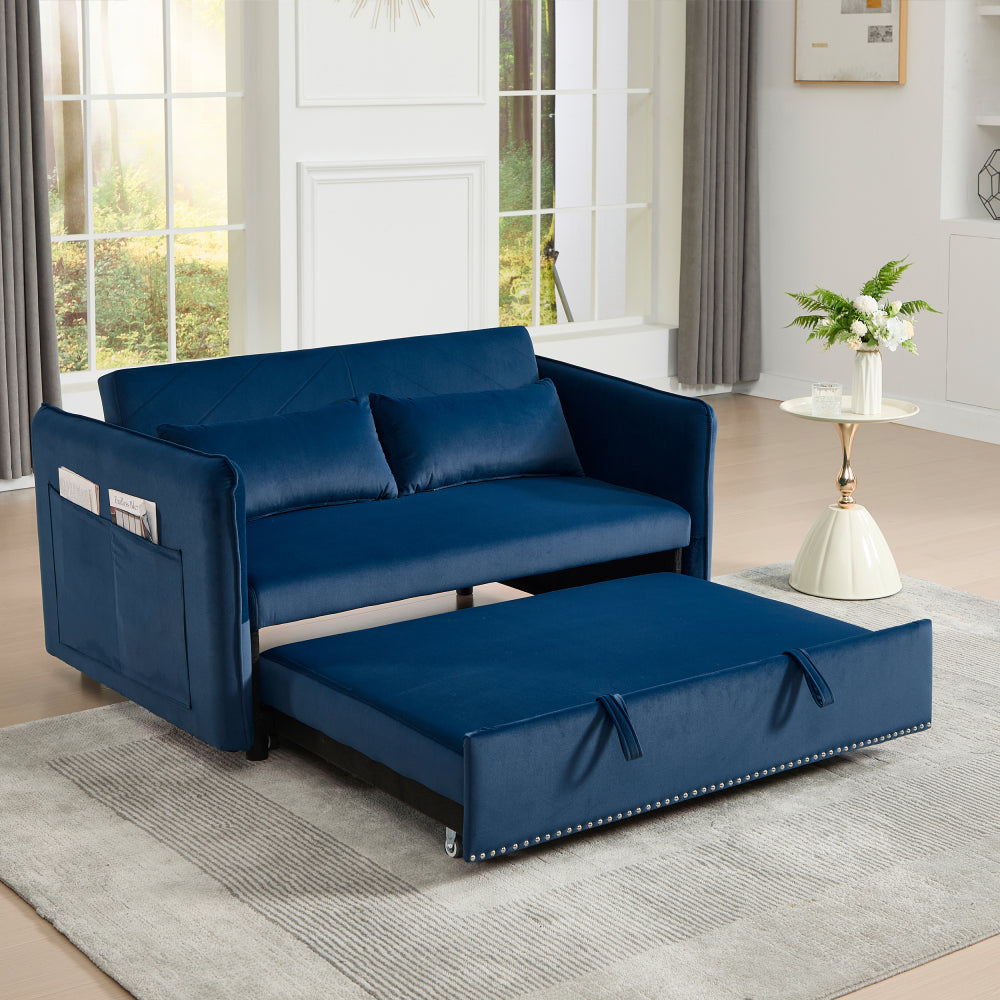 3 in 1 Convertible Sleeper Futon Sofa Bed, 55" Velvet Small Loveseat Lounge Couches with 2 Pillows, Reclining Backrest, Side Pockets for Living Room, Pull-Out Couch