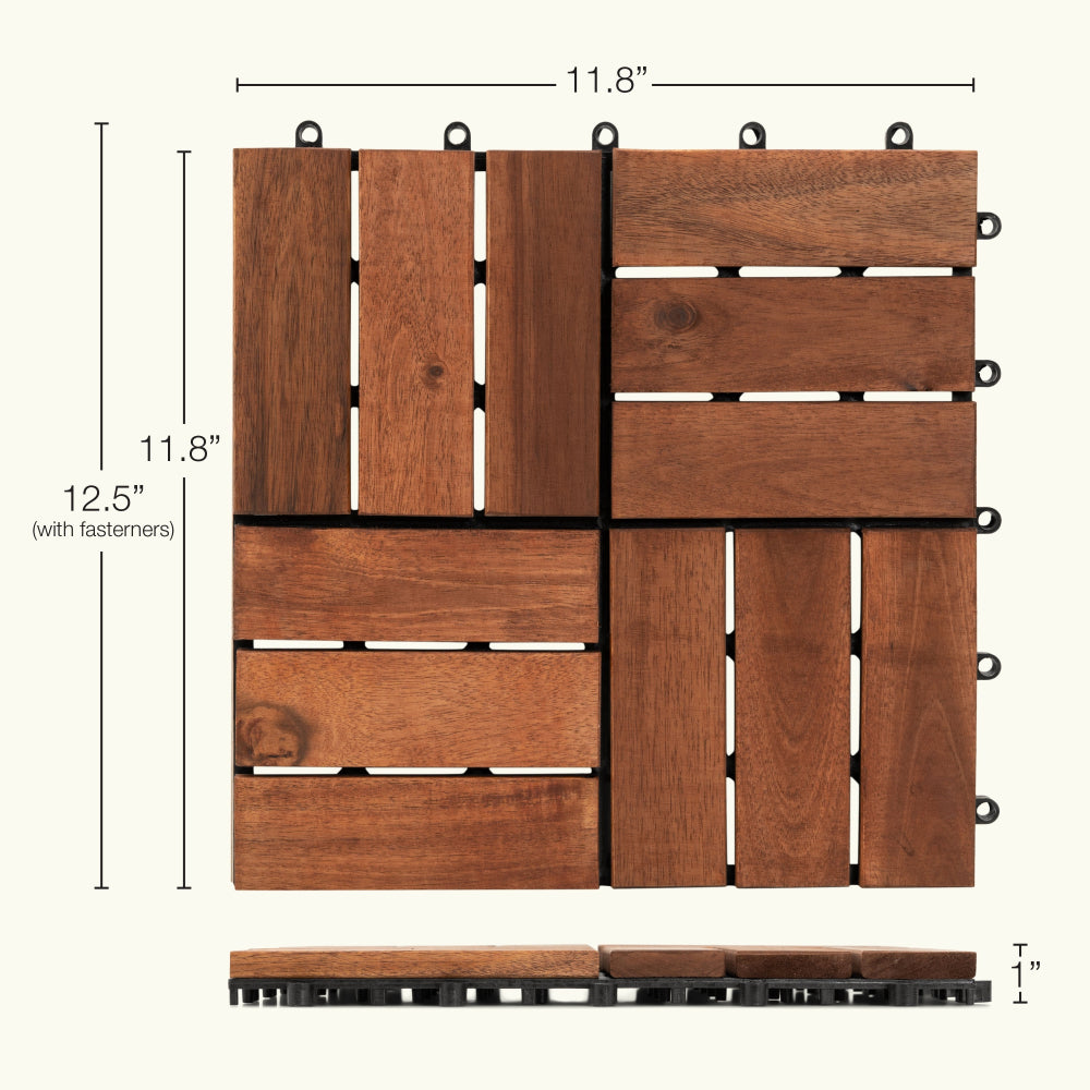 27pcs Interlocking Deck Tiles 11.8" x 11.8", Patio Flooring Outdoor Waterproof, Acacia Wood Tiles All Weather, Floor Tiles for Balcony, Backyard, Indoor and Outdoor use (Square Joint, Dark Brown)