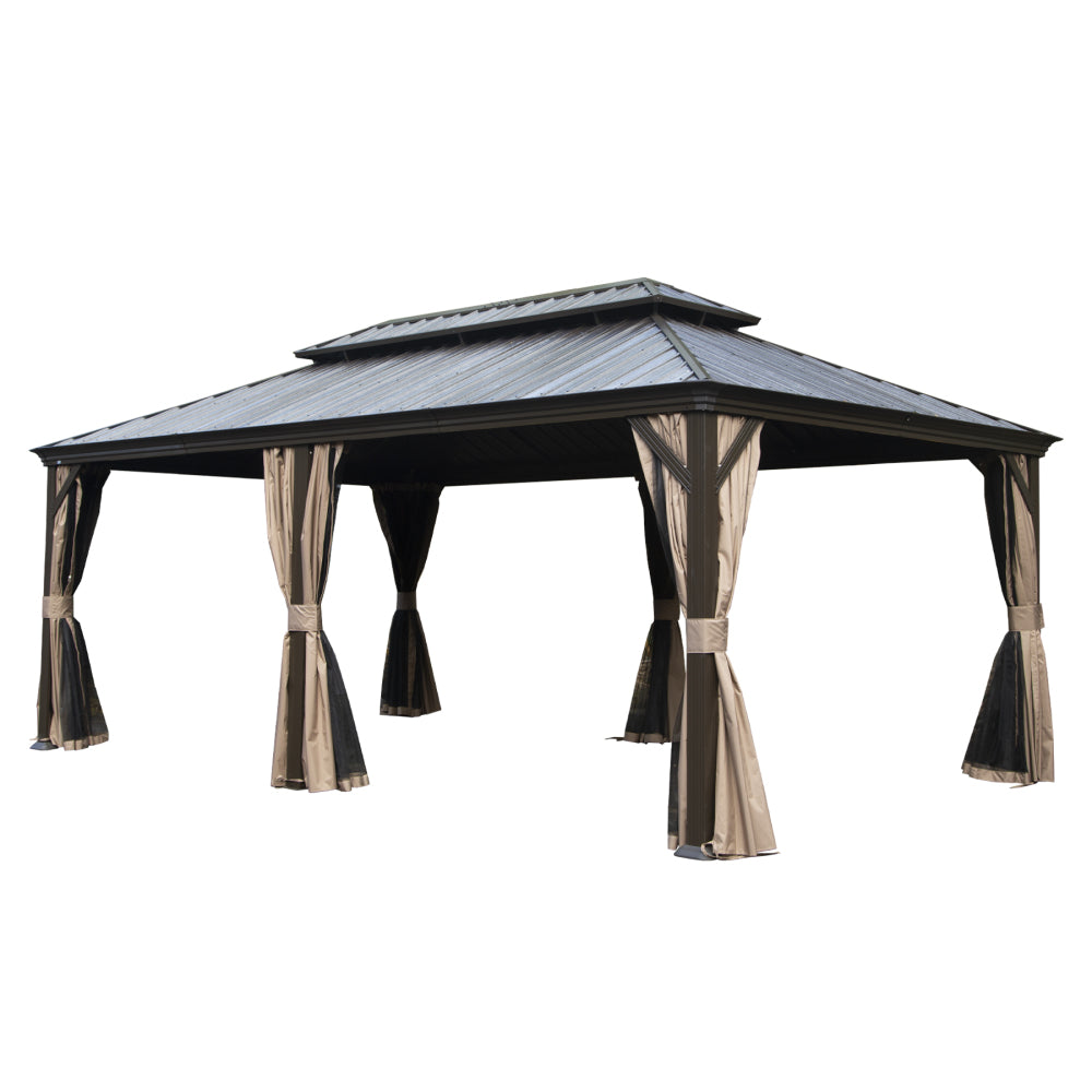 12' X 20' Hardtop Gazebo, Upgraded Metal Gazebo with Drainage System, Dual-Layer Galvanized Steel Roof, Curtain and Netting, Outdoor Shelter Canopy for Patio, Garden, and Backyard, Brown