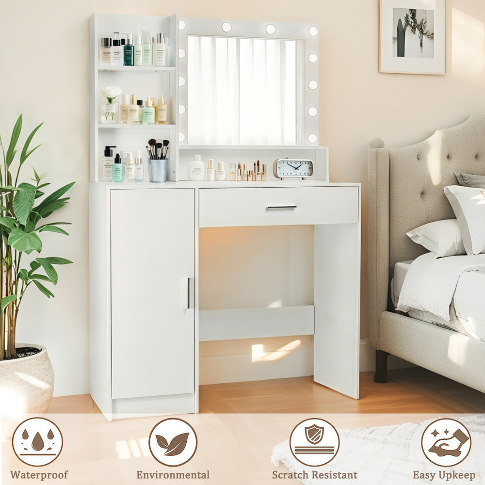 Vanity Desk with Mirror and Lights, Makeup Vanity with Drawer & Storage Cabinet, 3 Lighting Modes Adjustable Brightness, Dressing Table with Open Shelves for Bedroom, Dressing Room, White