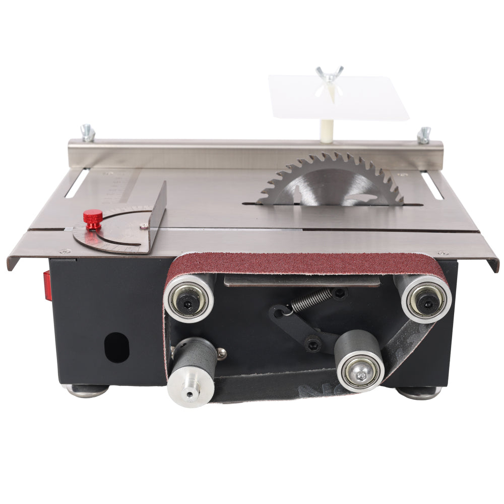 Mini Table Saw,Belt Sander, stainless steel top,4pcs Blades,10pcs Sanding Blet,7 Gear Adjustable 0-90° Angle, Available for Wood/PCB/Acrylic/Plastic,DIY Model Crafts Cutting Tool