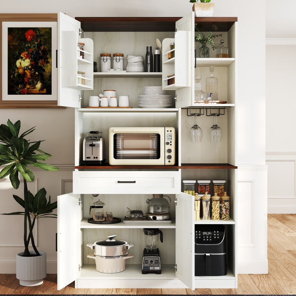 71'' Farmhouse Kitchen Pantry Sideboard with Cabinet and Drawer, Multifunctional Kitchen Buffet with Hutch and Glass Holder, Microwave Stand with Charging Station for Kitchen and Dining Room