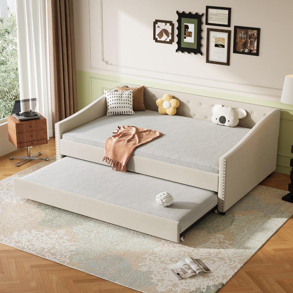 Twin Size Daybed with Drawers Upholstered Tufted Sofa Bed, with Button on Back and Piping on Waved Shape Arms-Light Grey