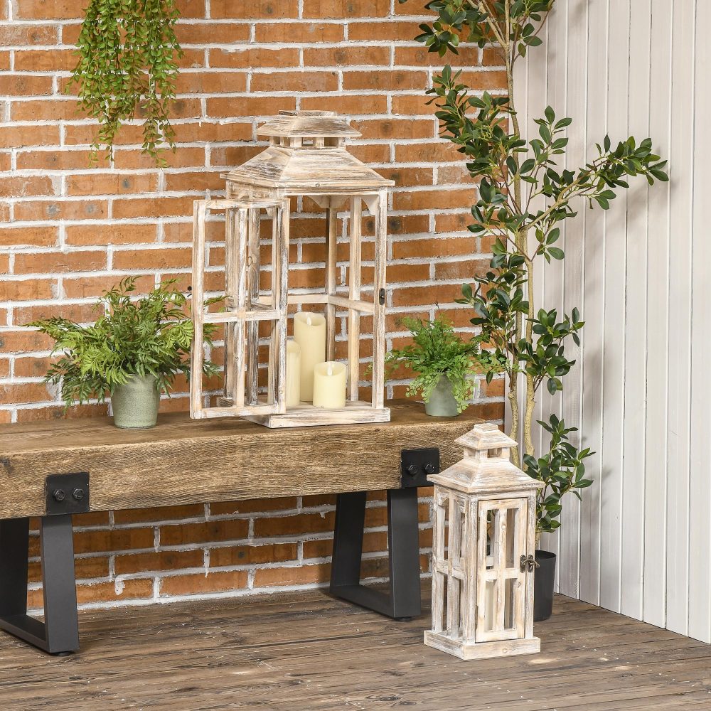HOMCOM 2 Pack 28"/20" Large Rustic Wooden Lantern Decorative, Indoor/Outdoor Lantern for Home Décor (No Glass), Natural