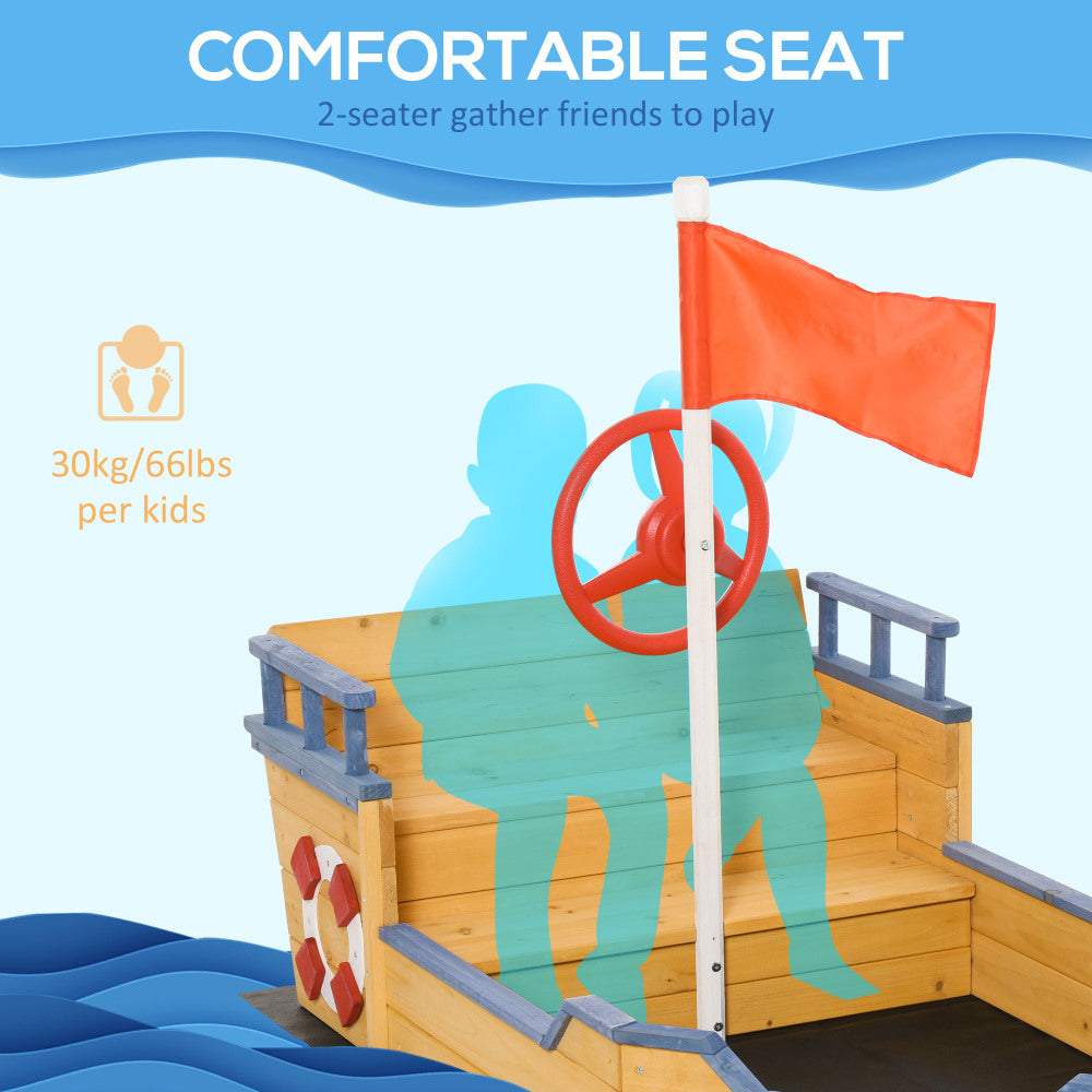 Outsunny Wooden Kids Pirate Sandbox, Outdoor Sandboat with Bench Seats, Storage, Non-Woven Fabric Cloth for Backyard, Lawn