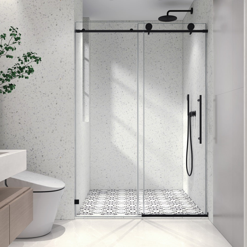 6076 Matte Black frameless one fixed and one shifted Shower Door, 70MM 304 stainless steel large pulleys with adjustable soft closing function,with nano easy cleaning,stick explosion-proof menbrance