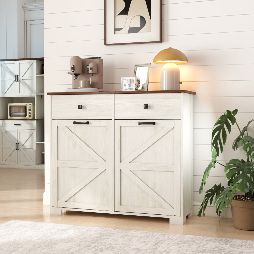 Farmhouse Double Tilt Out Trash Cabinet for 20 Gallon Trash Cans, Free Standing Recycling Cabinet with Hideaway Drawer, Barn Door Style Laundry Sorter Cabinet, Tilt Out Trash Cabinet for Kitchen