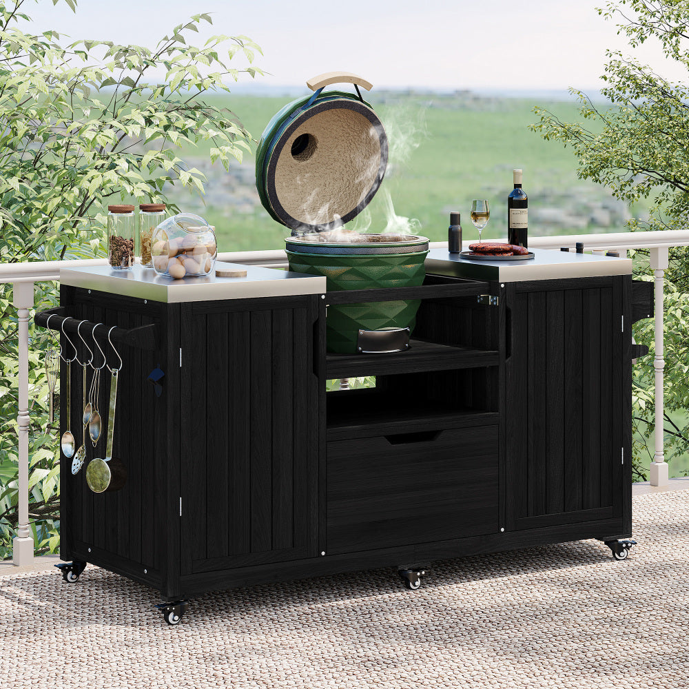 K&K 66.5" Outdoor Kitchen Island for Big Green Egg Grills, Solid Wood Outdoor Grill Cart for Tabletop Grill with Stainless Steel Top, Drawer, Compatible with Large Big Green Egg, Kamado Joe- Black