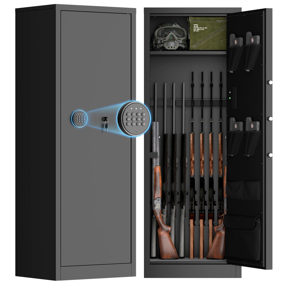 Steel Large Fireproof and Waterproof Gun Safe, Supporting Classified Storage of Multiple Types of Firearms, Equipped with Pistol Pouches, a Programmable Keypad, Dual Backup Keys and a Alarm System.