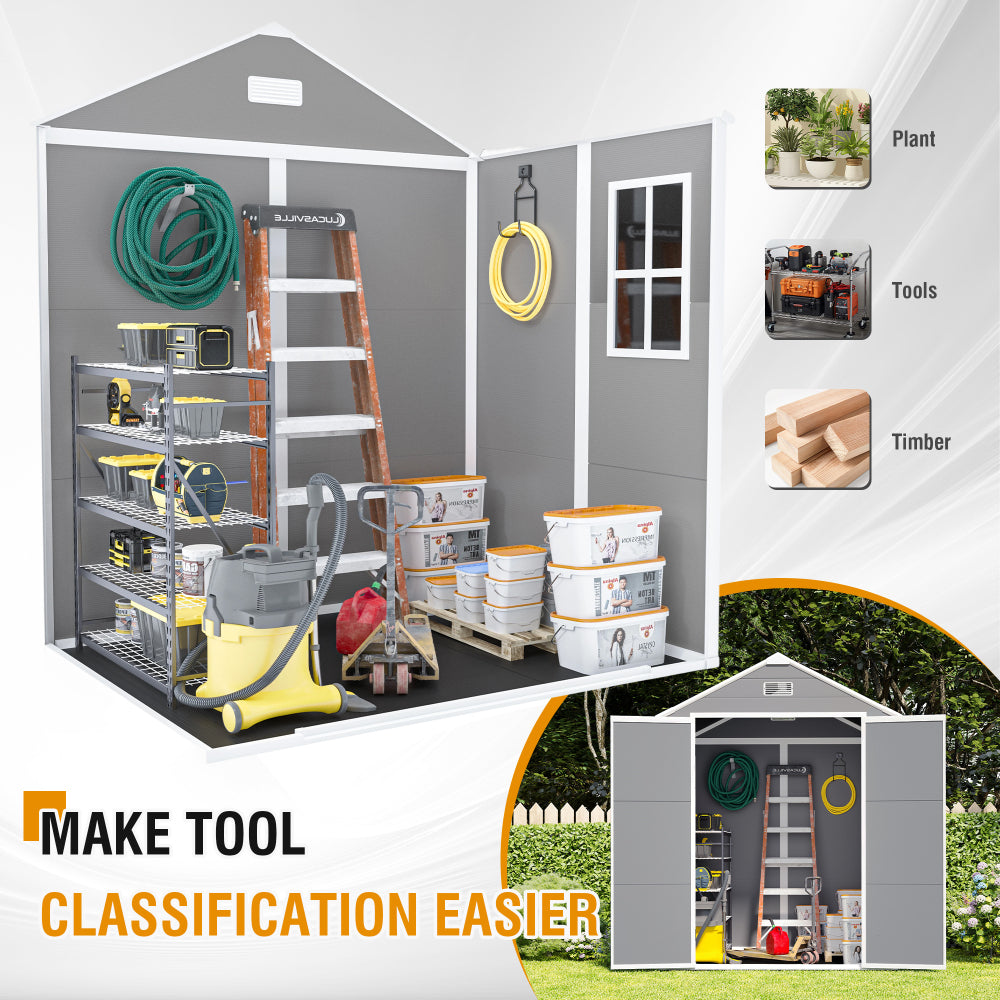 Campcraft 6*5ft resin storage shed, high quality pp material, strong structure, waterproof, rust and UV proof, large storage space, 12mm thick pp board, HD window lighting
