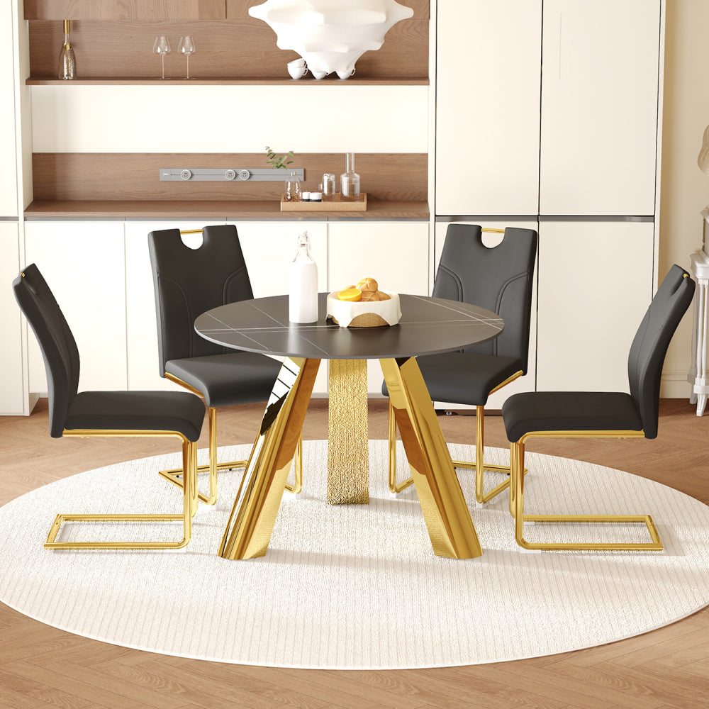 42-inch Sintered Stone Dining Table and Chair Set   Mirror-polished Stainless Steel Base  4 Black PU Chairs  Modern Luxury Round Dining Table Series