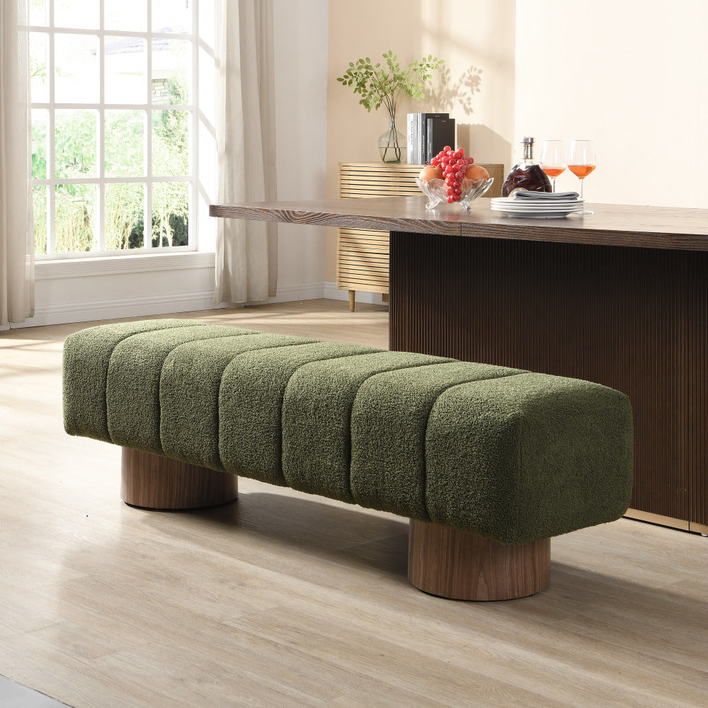 Upholstered Dining Bench for Dining Room, No-Assembly End of Bed Entryway Bench Ottoman for Bedroom Living Room, Green Boucle Fabric Stool Top Wood Leg 300 LBS Weight Capacity