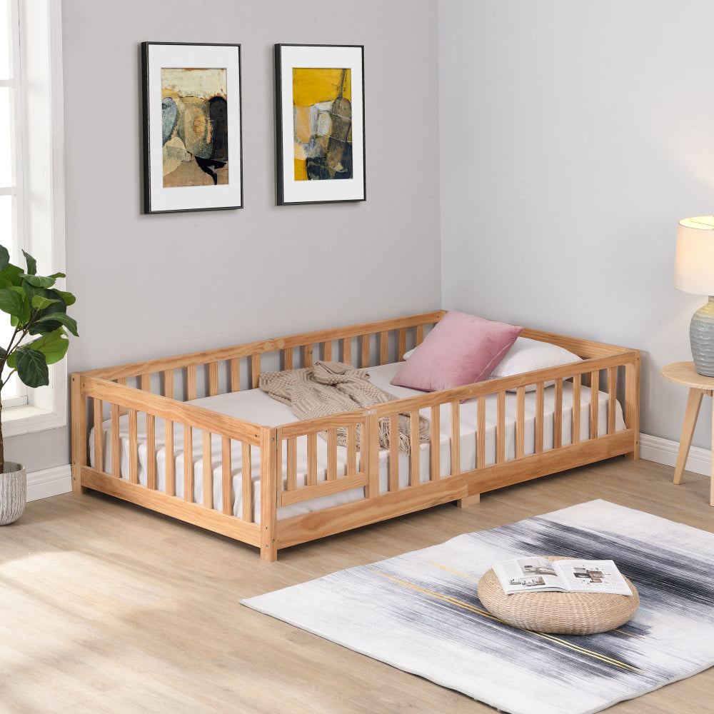 Full Size Floor Bed with Door,Solid Wood Platform Bed Frame with Fence,Suitable for children,Pine Wood,Gray