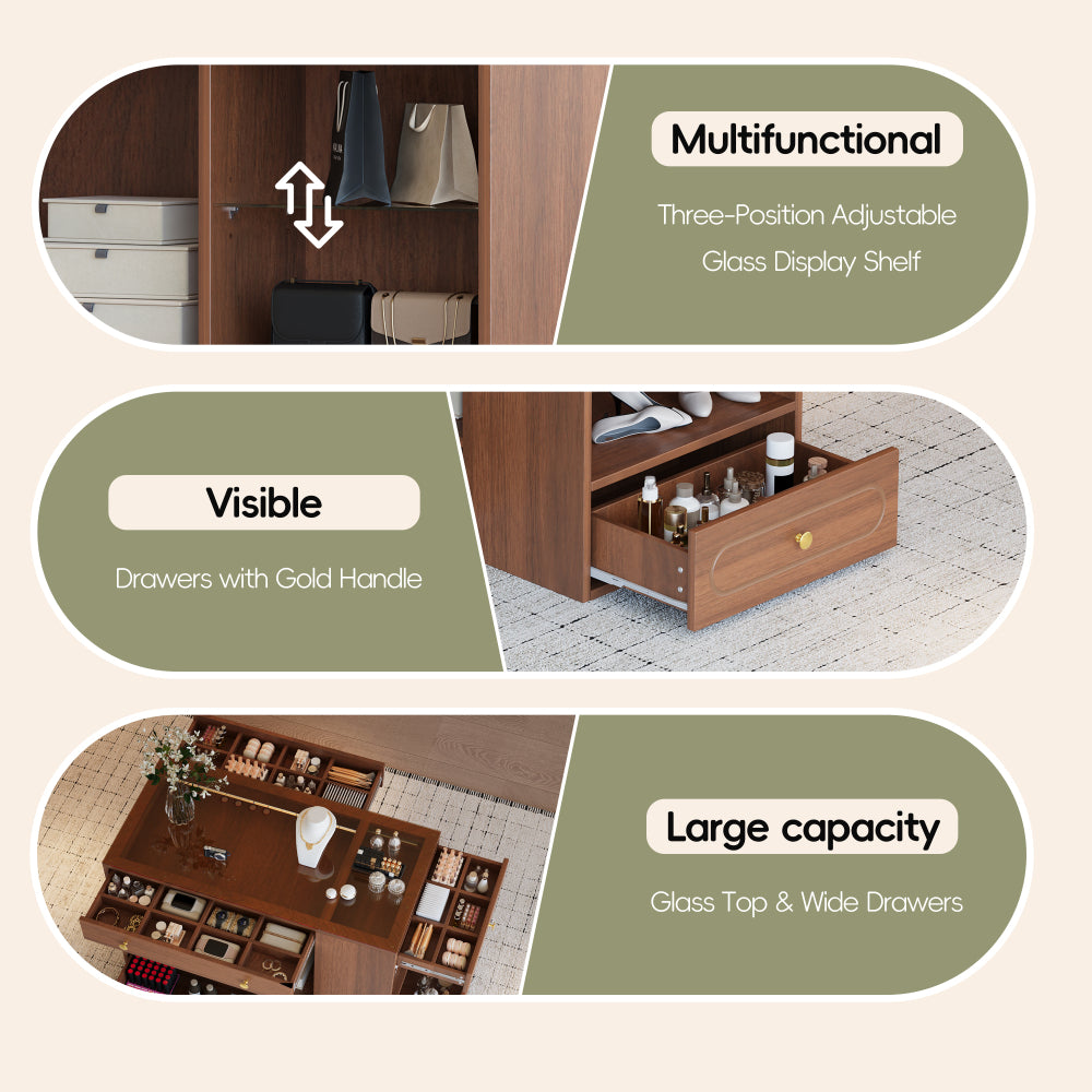 Closet Island with 6 Drawers, Wardrobe Armoire Bedroom Island with Glass Display Top and Open Shelves, Jewelry Storage Vanity Island with compartments, Walk-in Closet Island for Cloakroom, Walnut