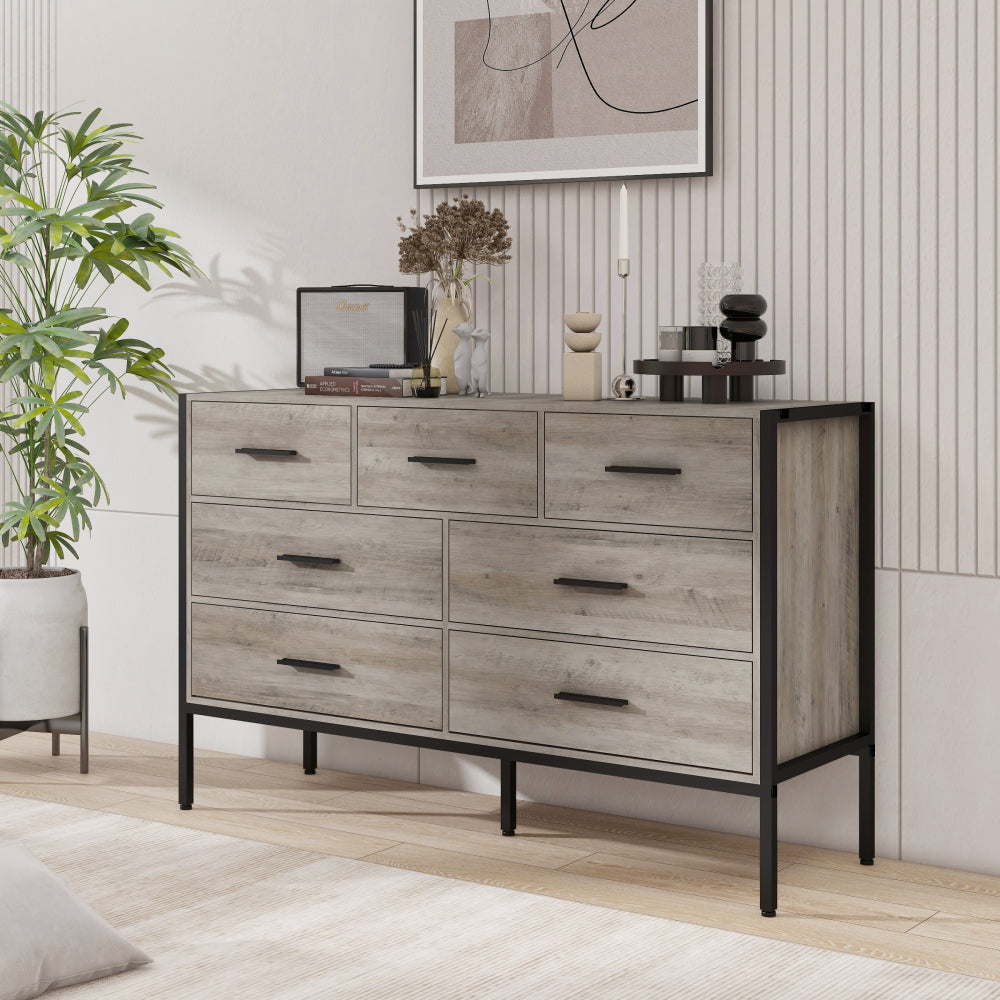 Wood Dresser with 6 Drawers, Wooden Storage Closet for Bedroom, Solid Clothes Cabinet with Sturdy Steel Frame, 48.58"W×15.75"D×31.22"H, 48 inch, Rustic Grey