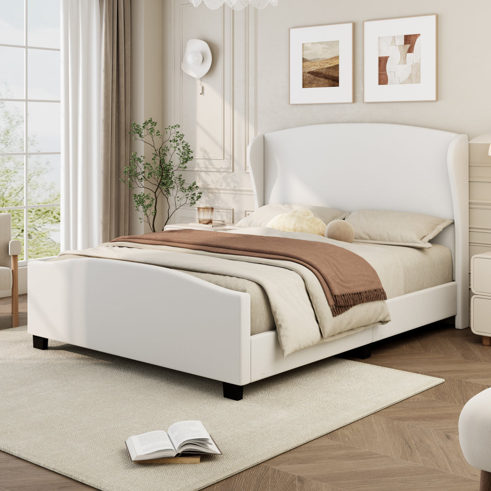 Queen Size 51" High Headboard Wingback Linen Upholstered Bed No Box Spring Needed, Beige