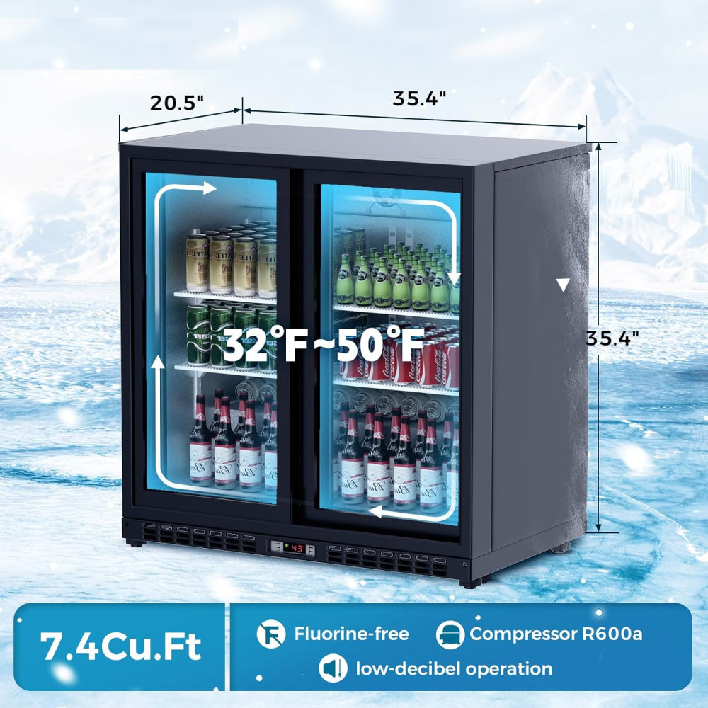 7.4 Cu.Ft Back Bar Cooler 35.4"W Beverage Refrigerator, 2 Low-E Glass Sliding Doors, Counter Height Bar Fridge, Commercial Display Refrigerator Anti-Fog, LED Light for Beer, Wine, Soft Drinks
