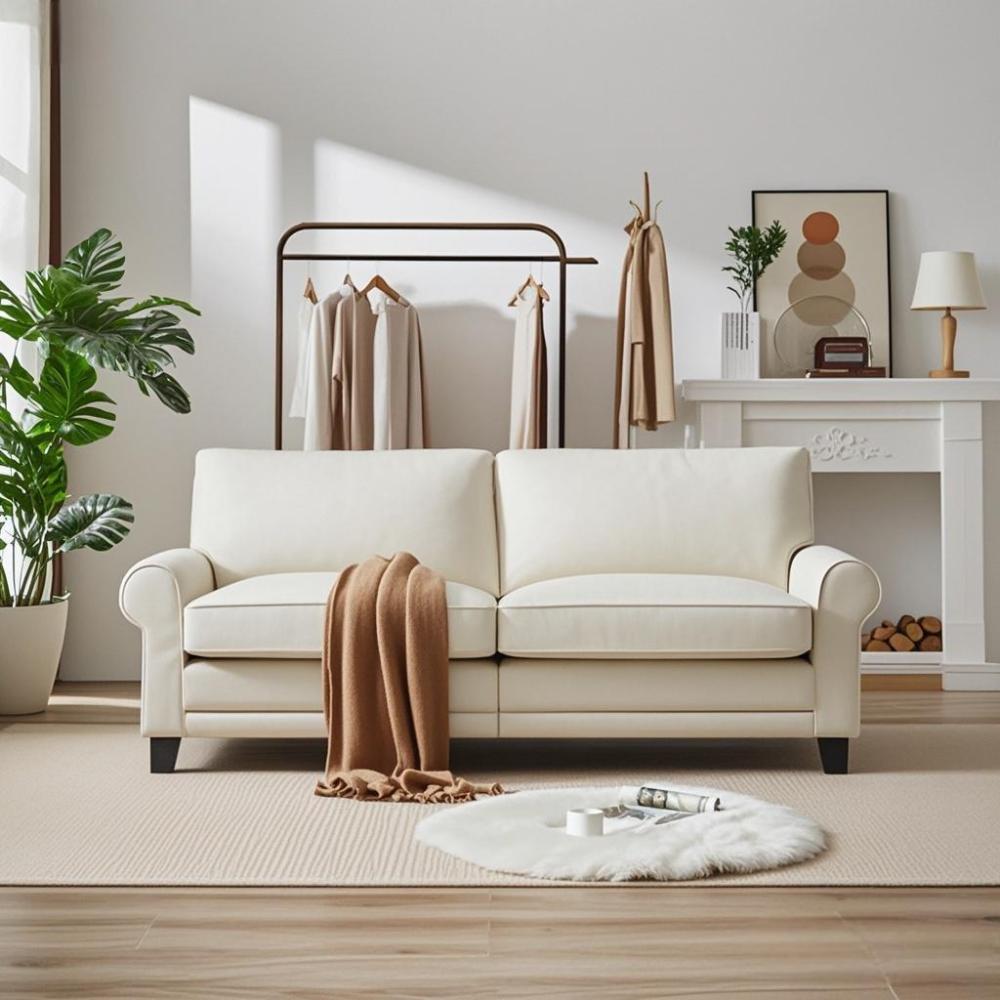 Pet-Friendly Loveseat 2-Seater Couch - 75.6" Fabric Upholstered with Rolled Arm & Removable Back Cushion, Small Space Friendly for Living Room, Bedroom & Apartment, Beige White
