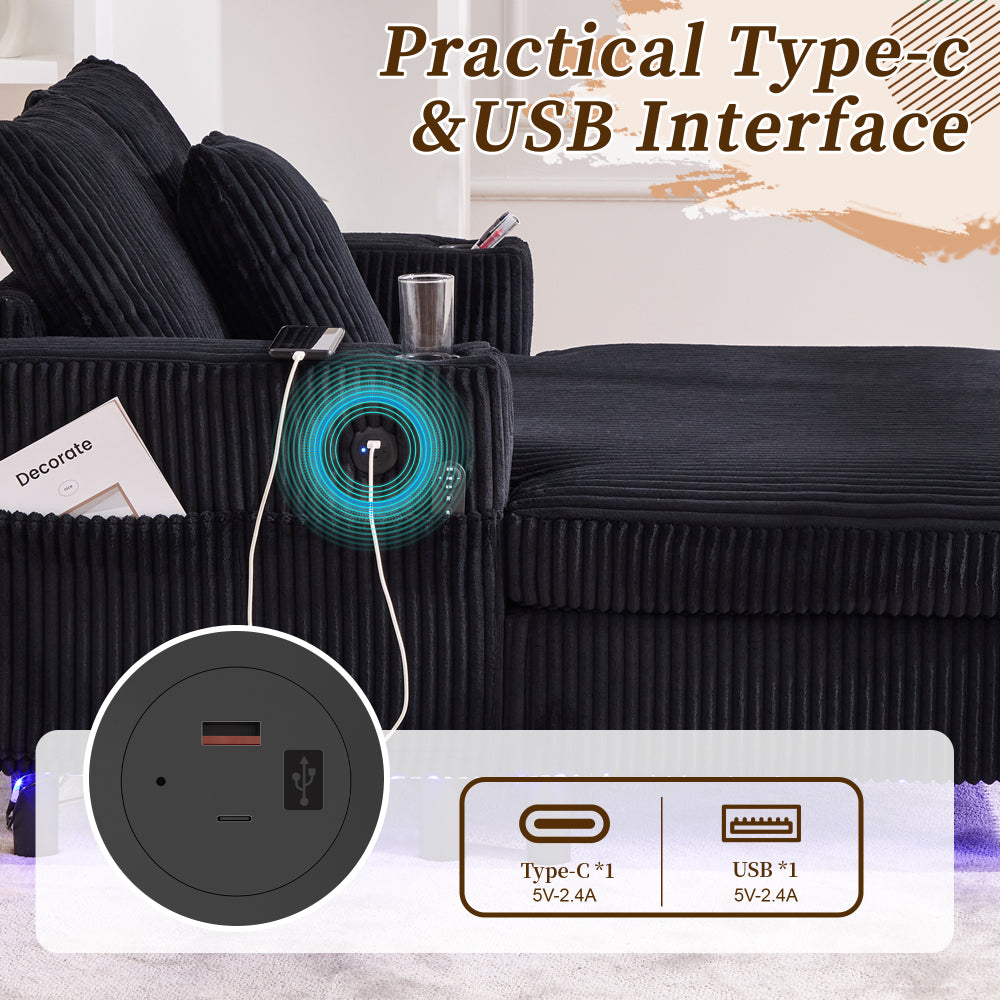 UNITED WE WIN Modern Corduroy Oversized Recliner Sofa with Deep Seat, 3 Pillows, USB Charging, RGB LED Light Strip, Cup Holder, Side Pocket - Suitable for Living Room and Bedroom