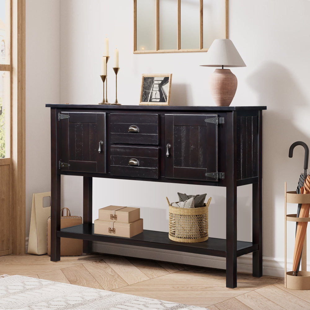 48'' Solid Wood Sideboard Console Table with 2 Drawers and Cabinets and Bottom Shelf, Retro Style Storage Dining Buffet Server Cabinet for Living Room Kitchen Dining Room(Brown)