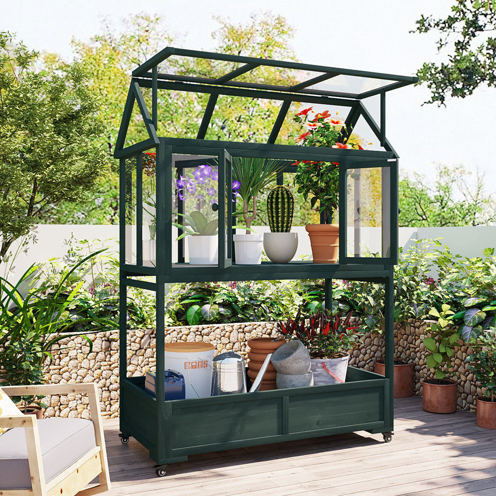 [Assembly Video Available] TOPMAX Garden Wood Portable Cold Frame with Movable Wheels Mini Greenhouse with Openable Roof and Storage Box, Forest Green