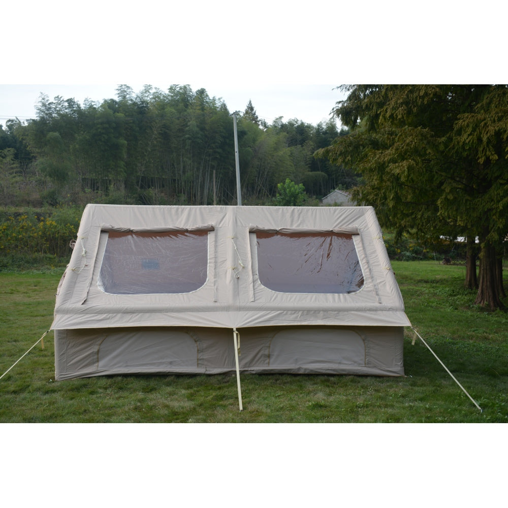 9.8 x13ft  Inflatable Camping Tents with Hand Pump, Air Glamping Tents, Easy Setup Waterproof and Windproof Blow up Tent, 4 Seasons Oxford Cabin Tent with Mesh & Chimney Window. Beige