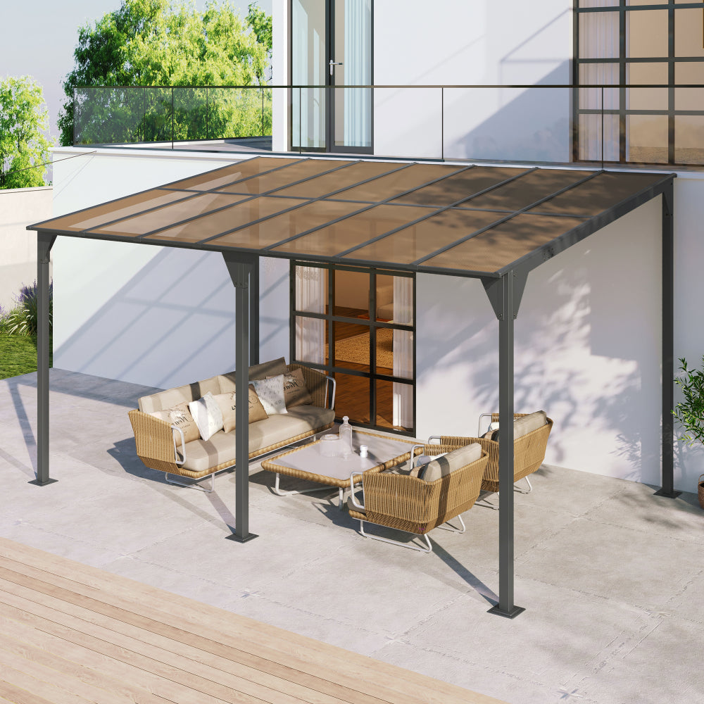 Wall-Mounted Gazebo 14.76*9.22 FT Outdoor Pergola Gazebo Awning Gazebo with Roof, Powder-Coated Iron Frame and with PC Roof Panels Outdoor Sloped Design Shelter for Deck, Garden, Backyard, Gray