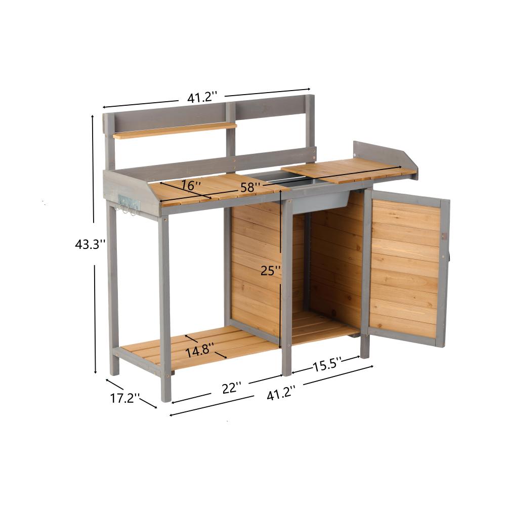 Outdoor Wooden Potting Bench Table with Sink, Garden Table Work Bench with Storage, Workstation for Outside Patio Lawn