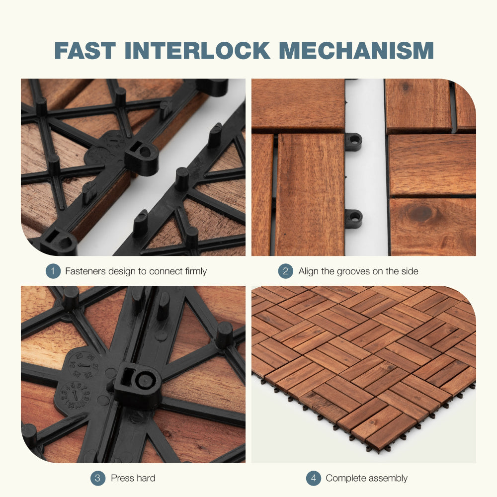 27pcs Interlocking Deck Tiles 11.8" x 11.8", Patio Flooring Outdoor Waterproof, Acacia Wood Tiles All Weather, Floor Tiles for Balcony, Backyard, Indoor and Outdoor use (Square Joint, Dark Brown)