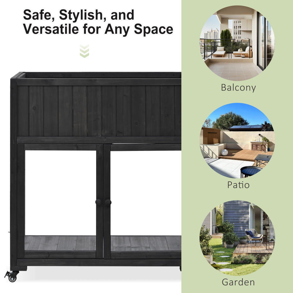 TOPMAX Patio 35.4''x17.7''x37.4'' Mini Wood Cold Frame, Compact 2 Doors Garden Greenhouse with Wheels, Raised Bed with Liner for Indoor Outdoor Use, Black