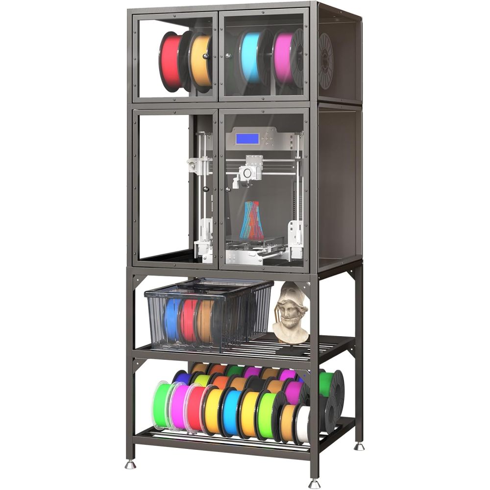 3D Printer Cabinet with Double Layer 3D Printer Filament Storage Rack, T-Shaped Filament Bar & Noise-Reducing, Dust-Proof Design, Suitable for Studio, Office Storage and Organization