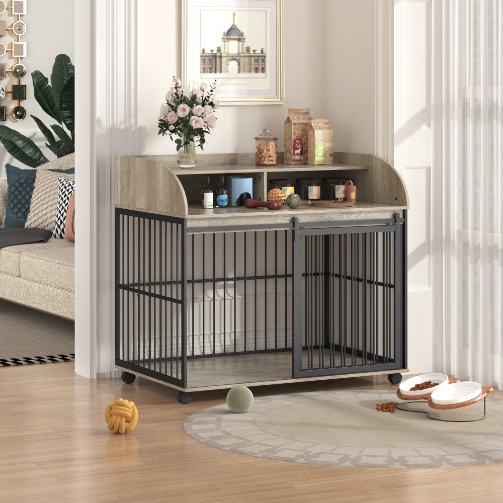GO 44'' Heavy Duty Large Dog Crate Furniture for Large Medium Dog with Lockable Wheels, Wooden Dog Crate Dog Kennel, End Table Crate with Double layer storage, Brown