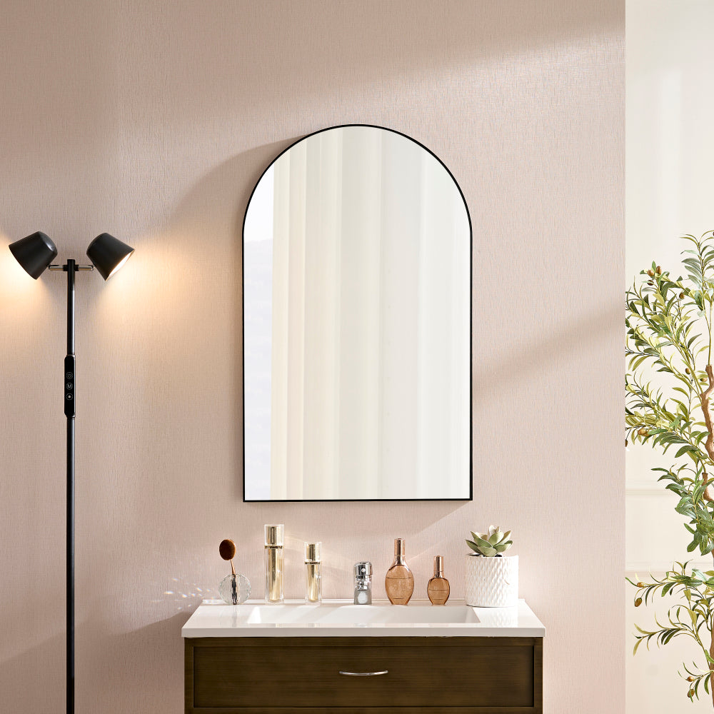 Wall Mirror 36*22 Inch Black Metal Framed Arched Mirror Metal Framed Mirror Round Vanity Mirror Dressing Mirror, for Bathroom, Living Room, Bedroom Wall Decor(Horizontal & Vertical)-W2091256133