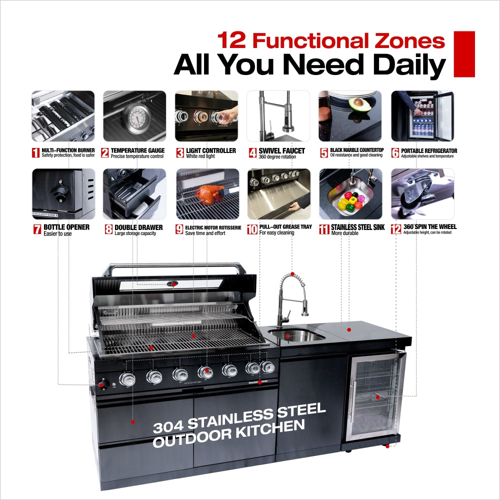 43-Inch 6-Burner 85000 BTU Deluxe Stainless Steel Gas Outdoor Kitchen Bar Barbecue Island Grill + Wine Cooler Compact Refrigerator + Rotisserie kit + Granite Countertops + Stainless steel Sink