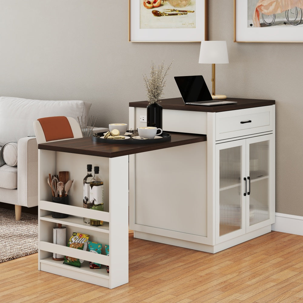 83.1'' Extendable Kitchen Island with Slide Out Table and Storage Racks for 2-6 Person,Kitchen Island with Tempered Glass Doors,Walnut Woodgrain Dining Table,Power Outlet,Bar,Prep Station(Cream White)