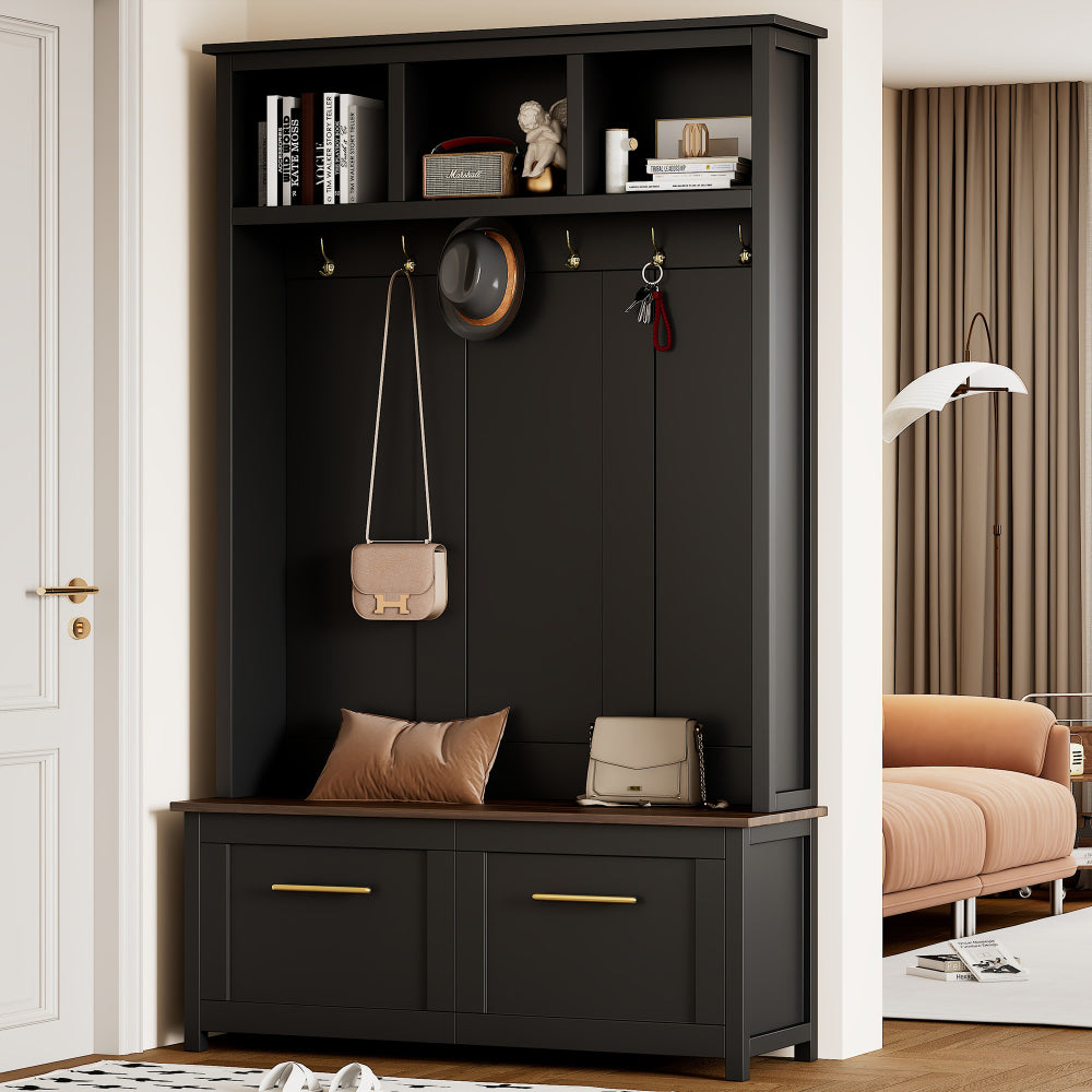 [Assembly Video] Farmhouse 4-in-1 Hall Tree with Wood Grain Bench, Mudroom Versatile Coat Rack with 2 Large Drawer, Entrance Organizer for Hallway, Living Room, White, 55.9"W (Same as N721P205660)