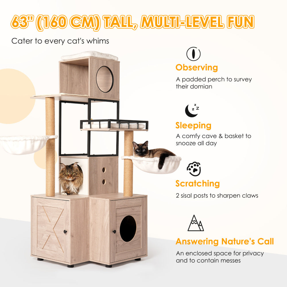 63" Multi-Functional Cat Tree with Litter Box - Includes Removable Washable Cushion, Scratching Posts & Toy Hanger, Modern Design, Rustic Gray