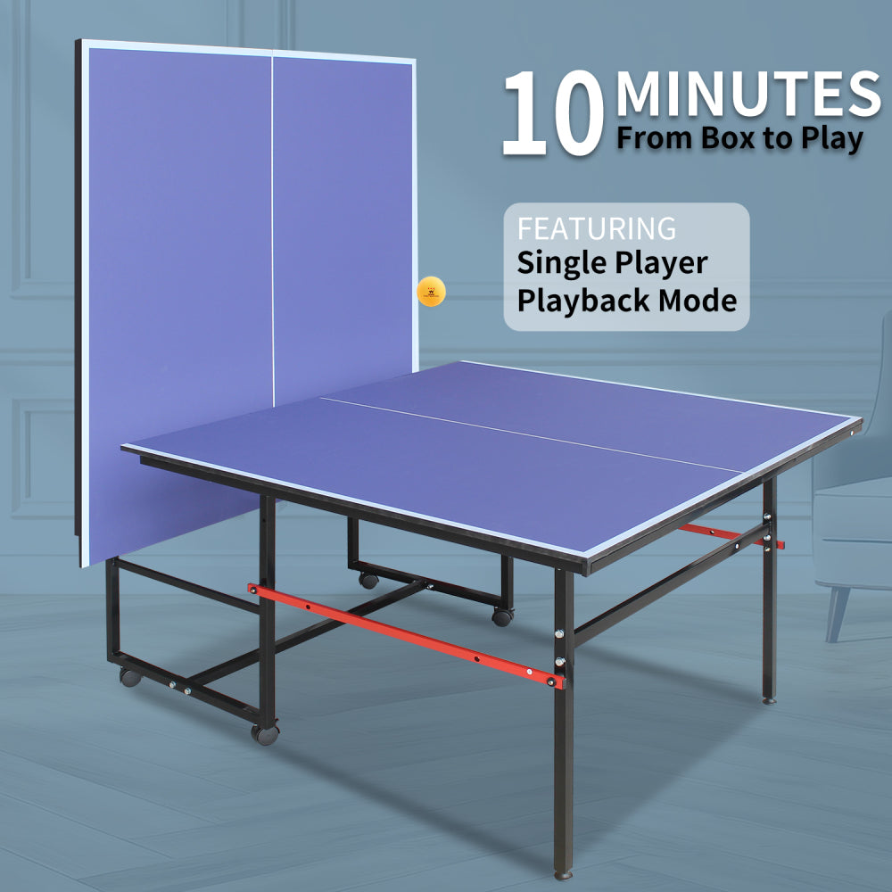 8ft Mid-Size Table Tennis Table Foldable & Portable Ping Pong Table Set for Indoor Games with Net, 2 Table Tennis Paddles and 3 Balls